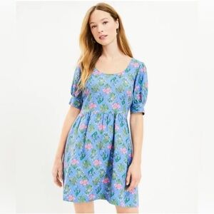 Loft Floral U-Neck Puff Sleeve Dress Blue Linen Blend Womens 6